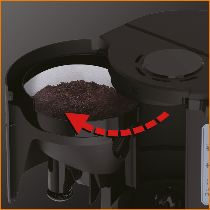 Koffiefilter met gemalen koffie, getoond met rode pijl en stippellijn.