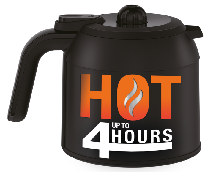 Zwarte kan met tekst "HOT UP TO 4 HOURS".