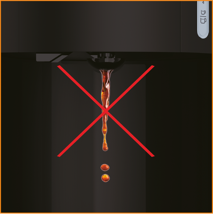 Koffie stroomt uit machine, doorgestreept.
