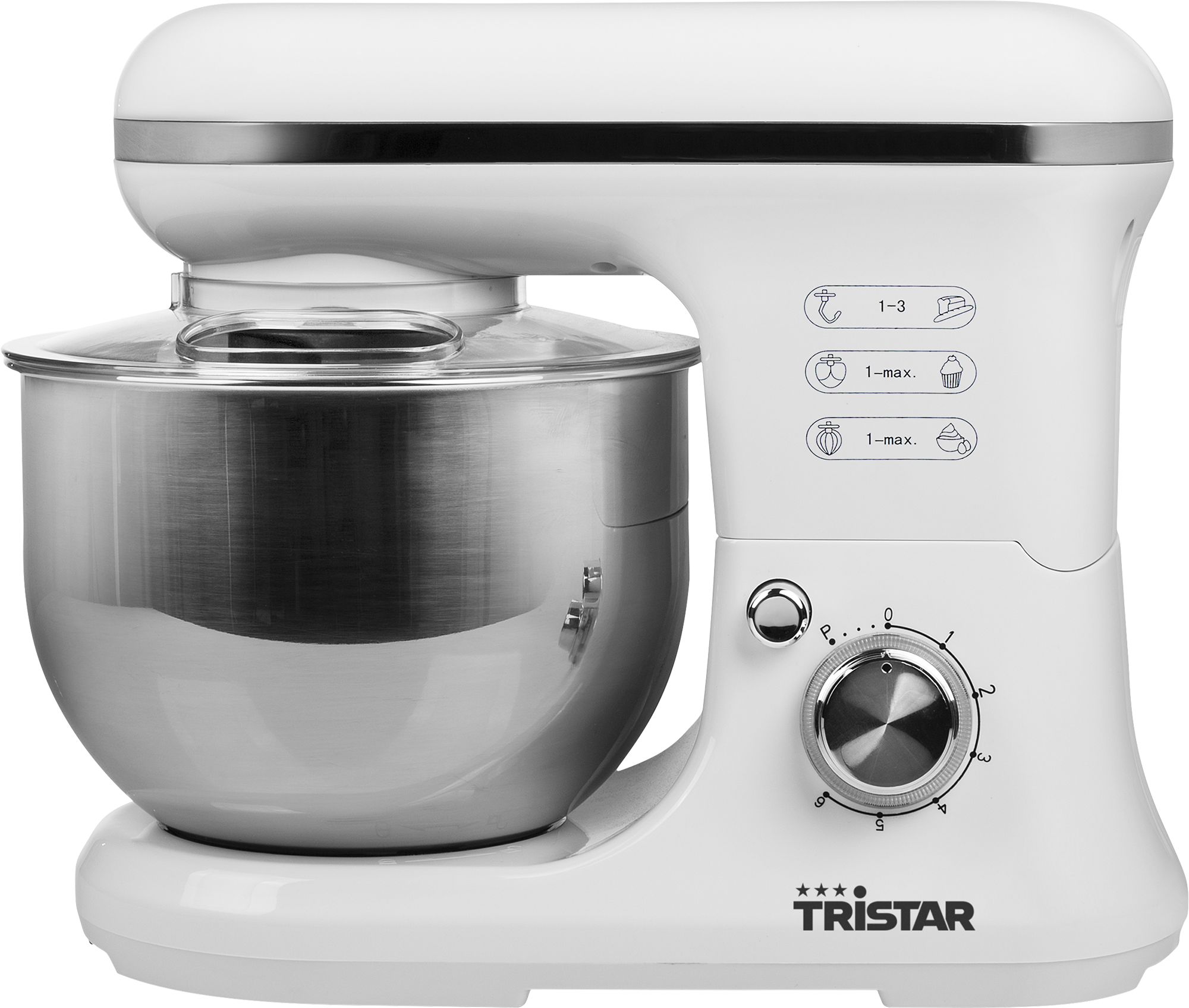 Witte keukenmixer met kom en bediening.