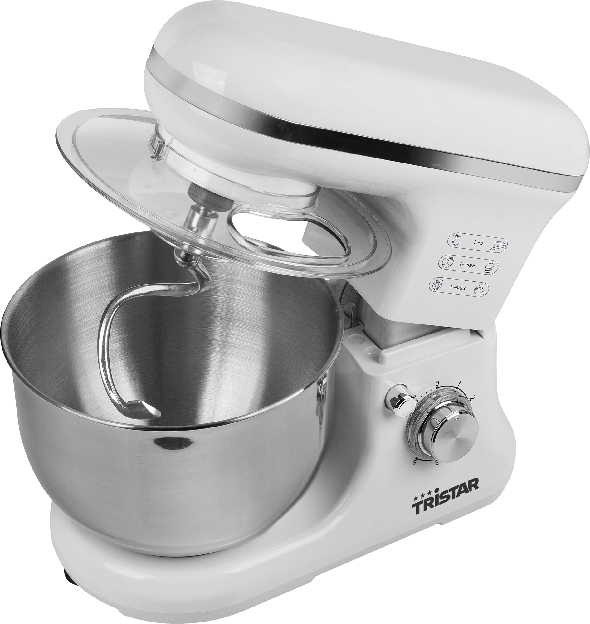 Witte keukenmixer met een roestvrijstalen kom en hulpstukken. De mixer is schoon.