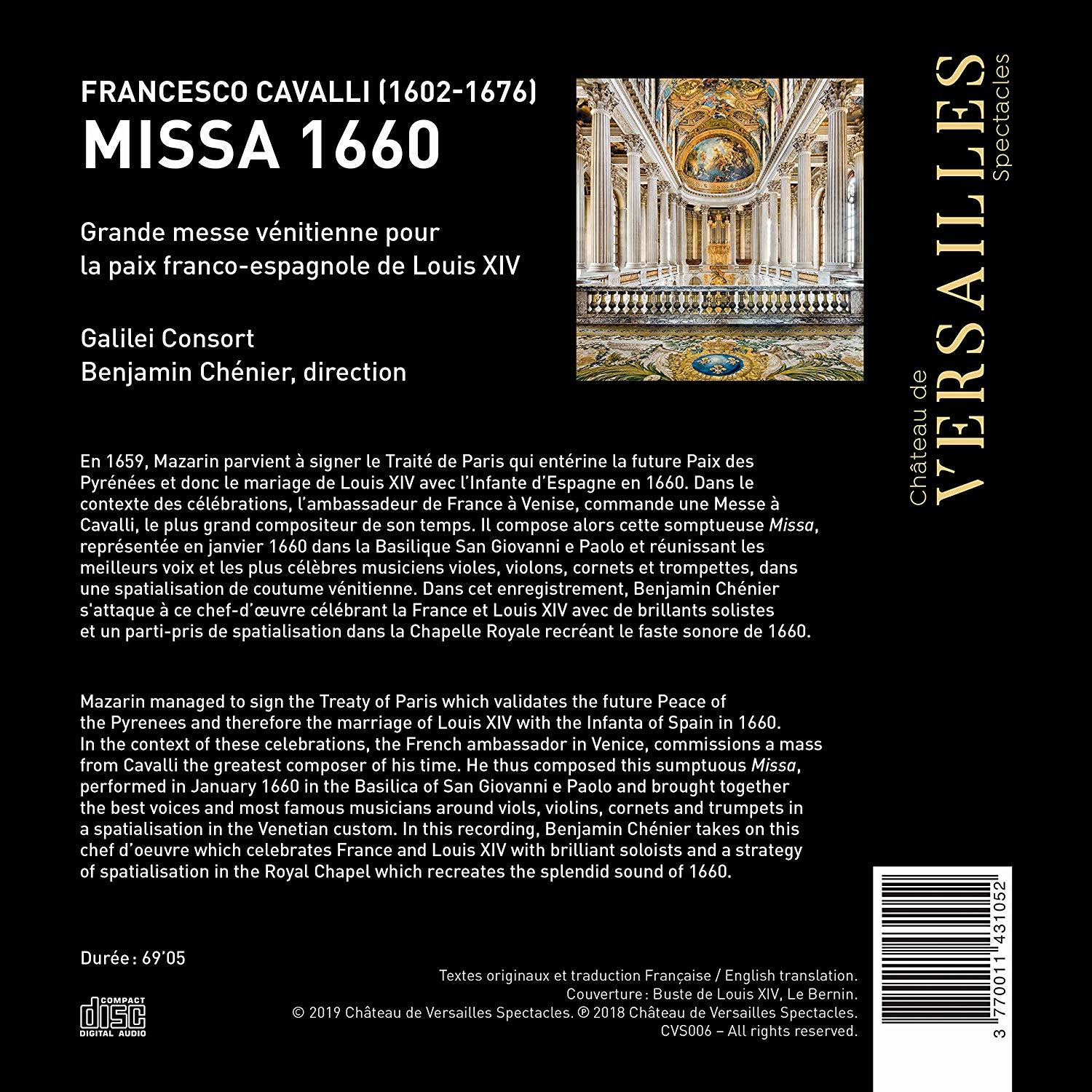 CD-Cover mit Text über Francesco Cavallis Missa 1660 und das Schloss von Versailles.