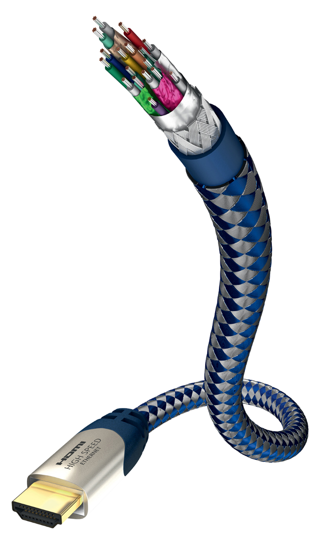 HDMI kábel ezüst csatlakozóval, kék-ezüst fonott köpennyel és látható belső vezetékekkel.