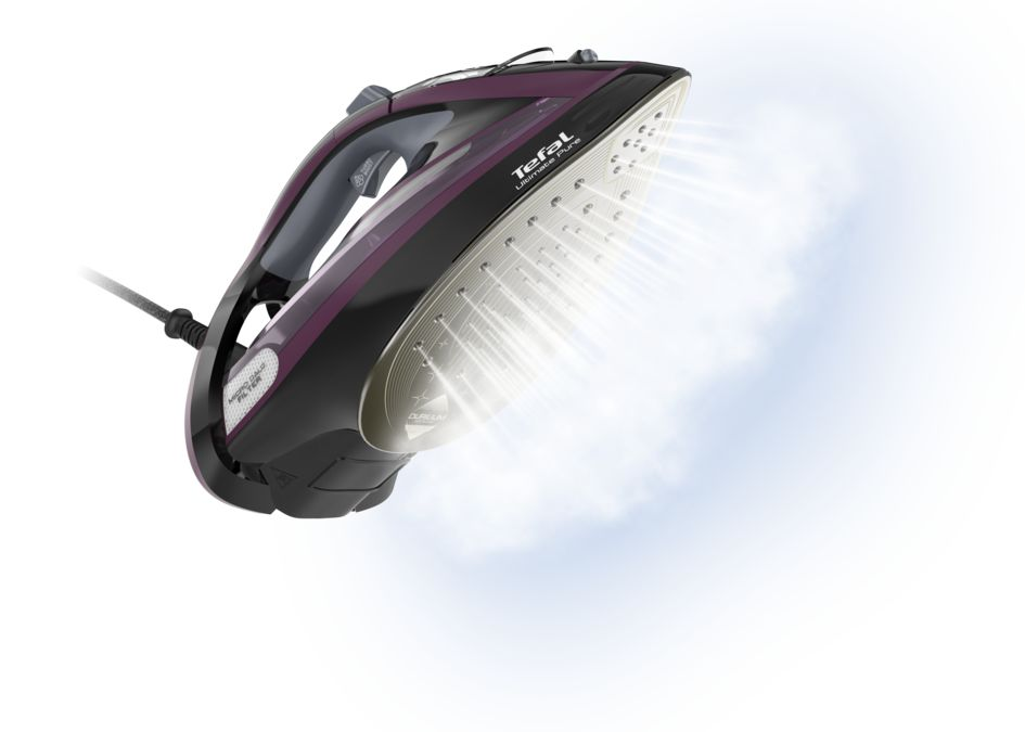 Iron, steaming, isolated against a white background with a blueish cloud.