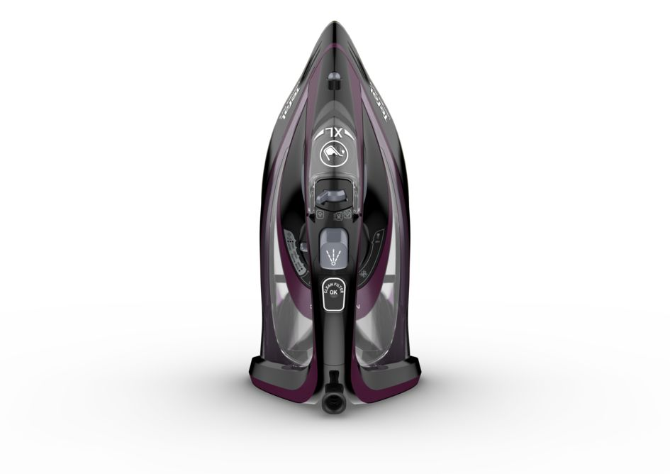 Black and purple iron from above, with a white background.