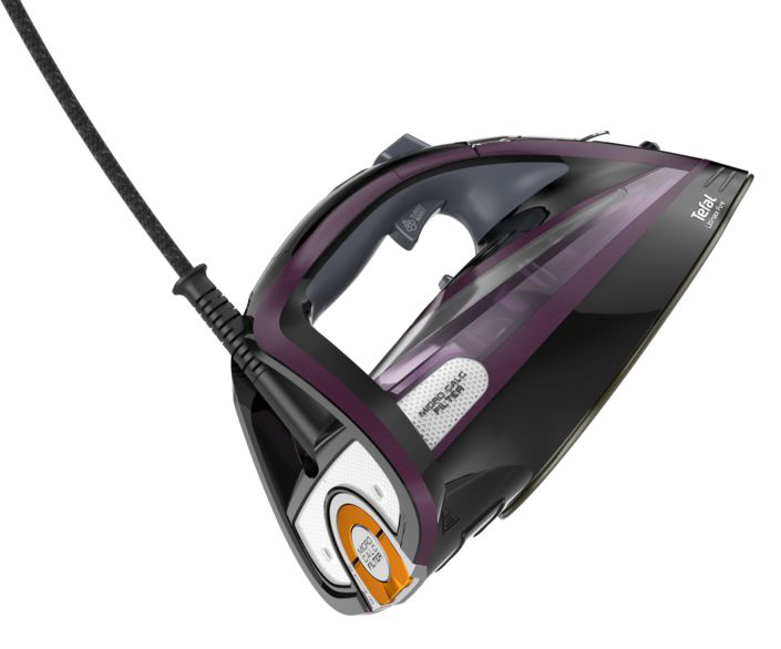 Black and purple iron with a black cord. The iron is angled.