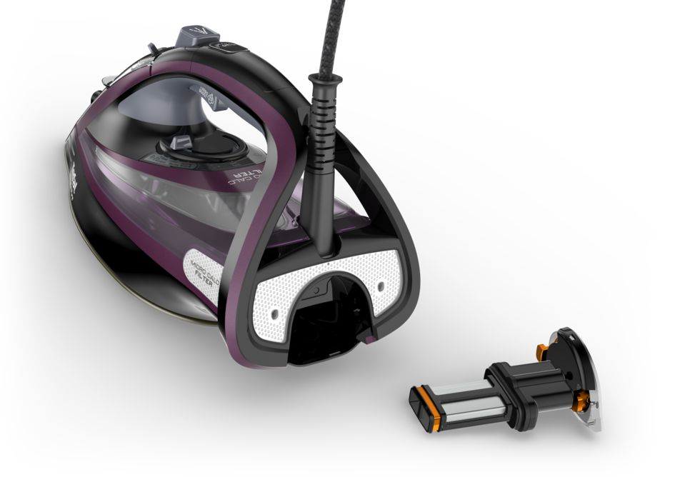 An iron with a purple and black design, and a separate descaling filter, on a white background.