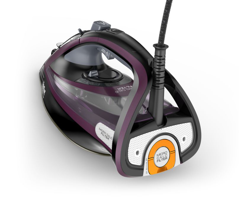Black and purple iron with a clear water reservoir and orange filter.