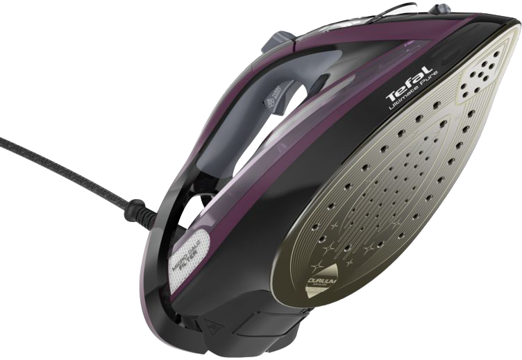 Black and purple iron with a metallic soleplate and a black cord.