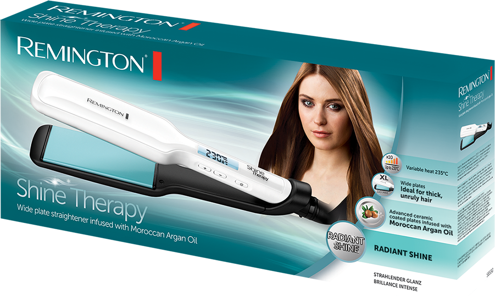 Remington Shine Therapy hajvasaló doboza. A dobozon a hajvasaló és egy egyenes hajú nő látható.