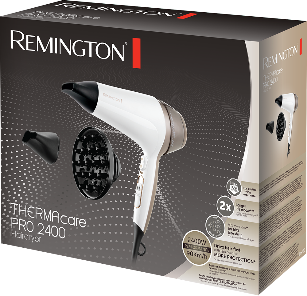 Remington ThermaCare Pro 2400 hajszárító doboz a hajszárítóval.