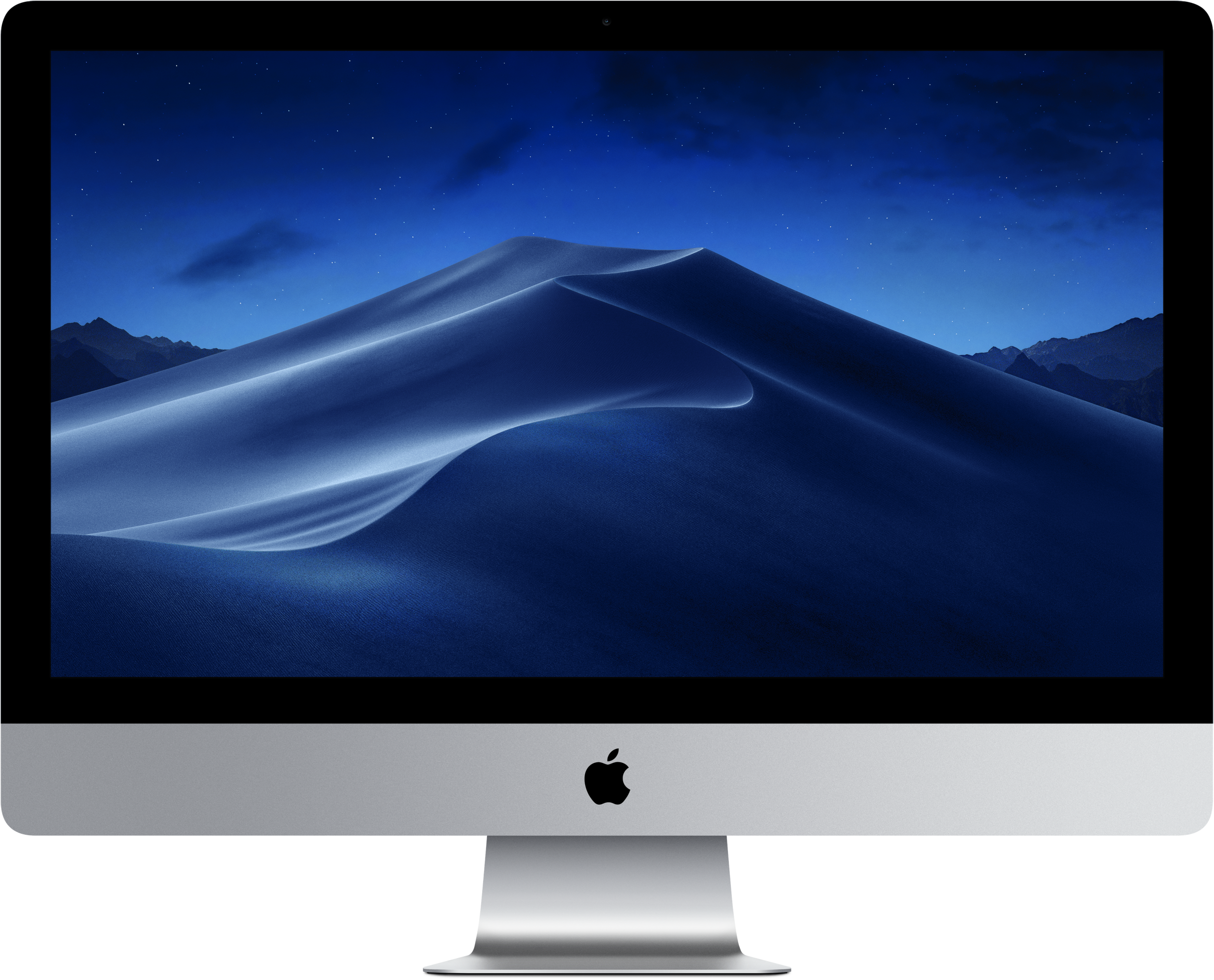 Ein silberner iMac mit einem Bildschirm, der eine blaue Wüstenlandschaft zeigt.