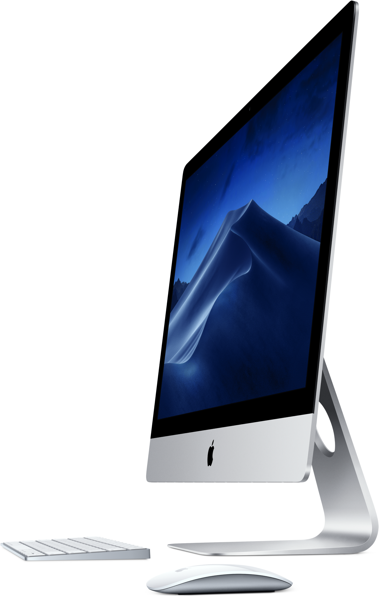 Silberner iMac auf schwarzem Hintergrund. Tastatur und Maus befinden sich unten.