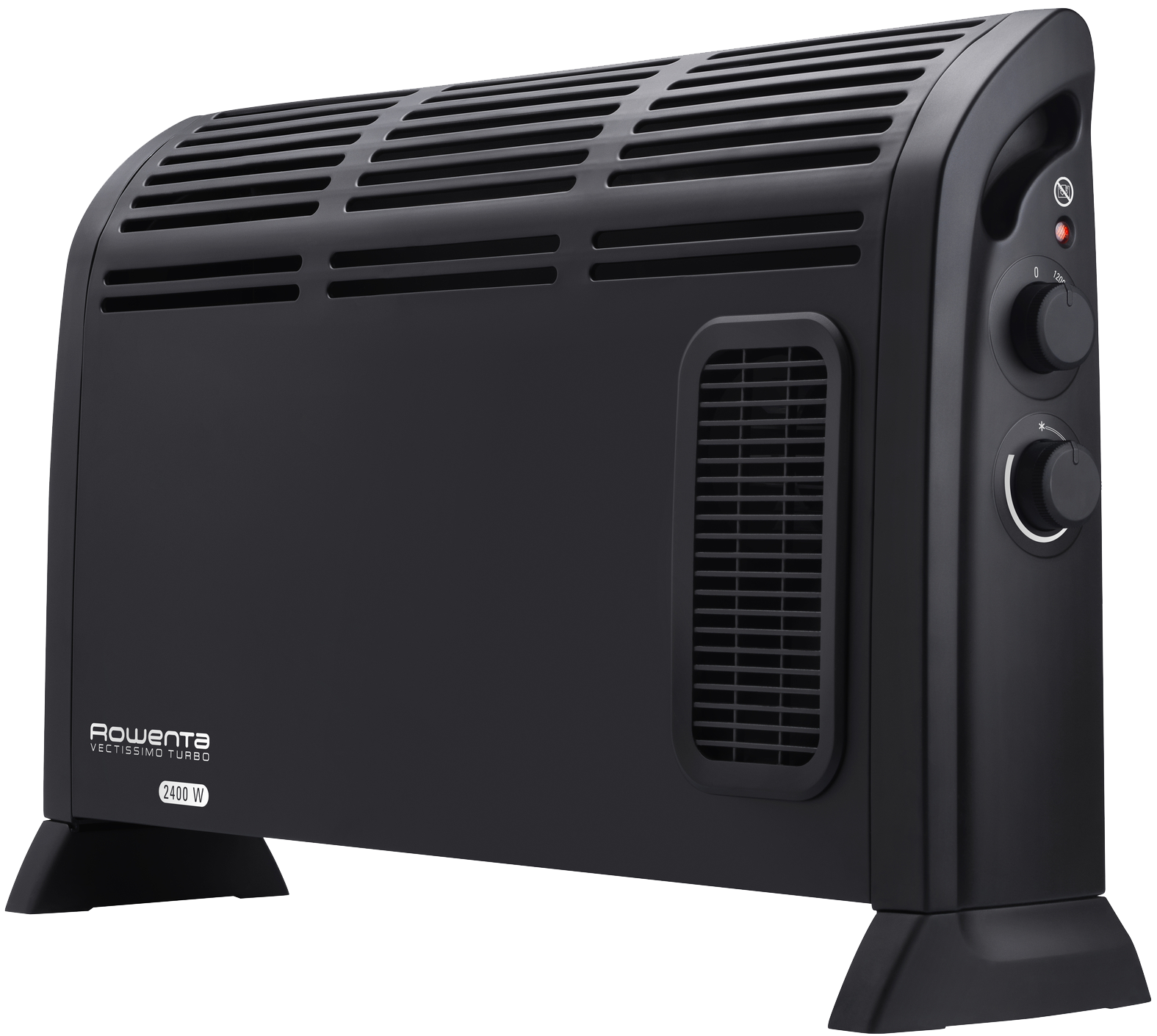 Black Rowenta fan heater with controls on the right side, vents on the front. 2400W.