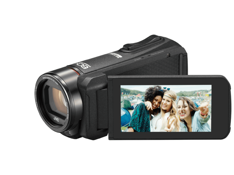 Black camcorder with a screen showing a group of friends smiling outside.