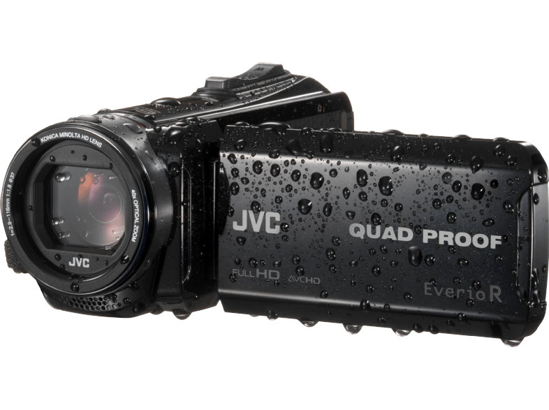 Black JVC Quad Proof camcorder with water droplets, angled to the right. Black background.
