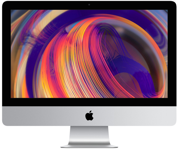 iMac mit einem Bildschirm, der farbenfrohe abstrakte Kunst zeigt. Silberner Sockel und schwarzer Bildschirm.
