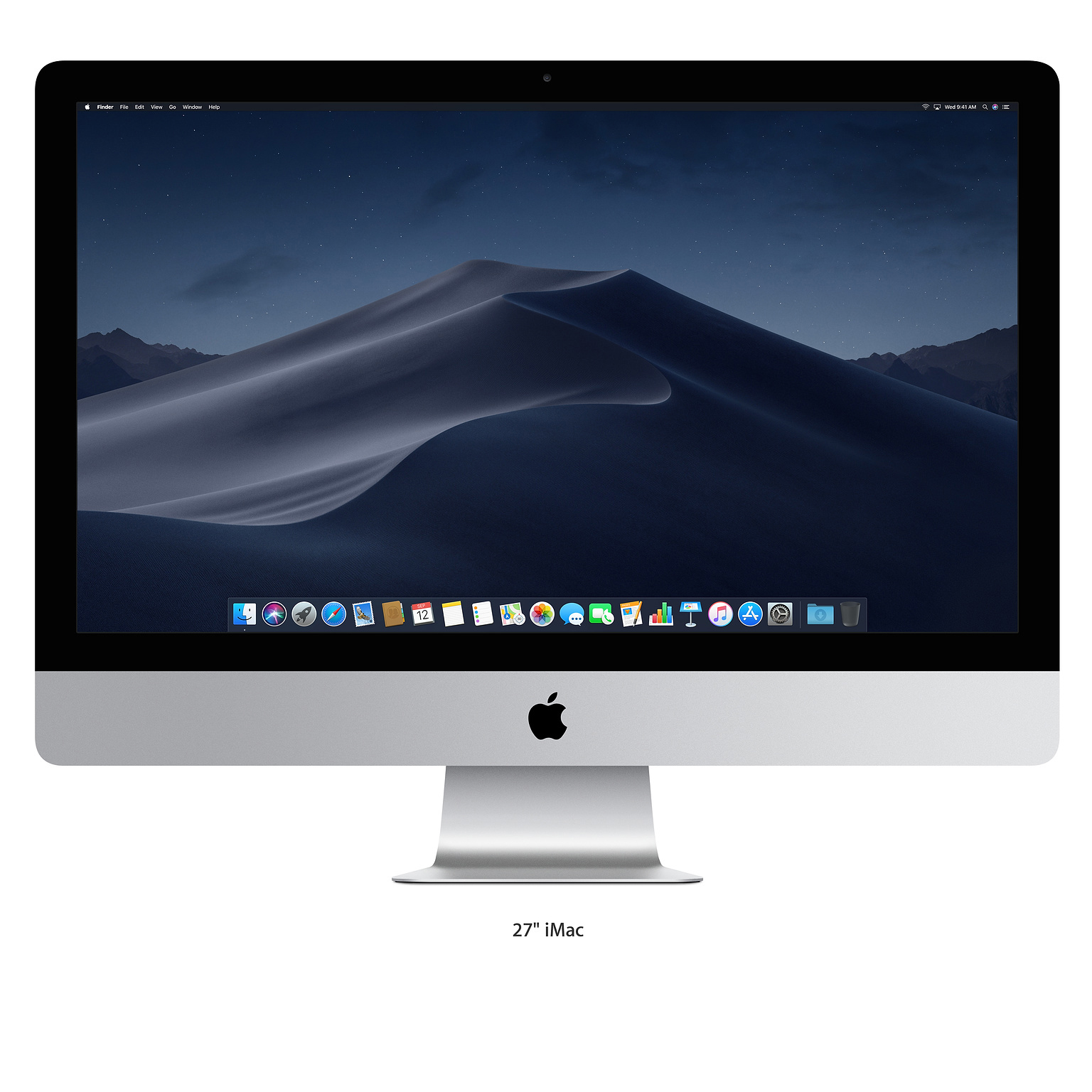 27" iMac mit Wüsten-Hintergrund auf dem Bildschirm. Silber und Schwarz.