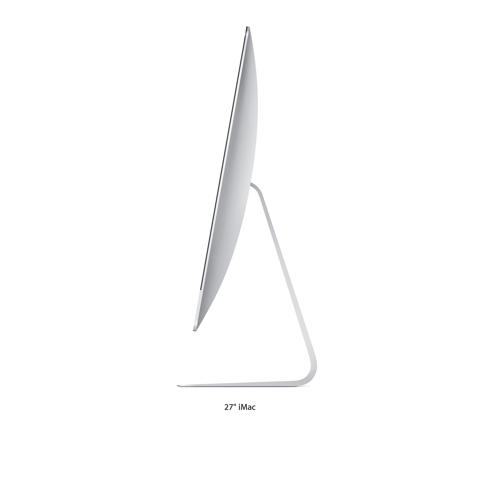 Seitenansicht eines 27" iMac, silberner Sockel und schwarzer Bildschirm.