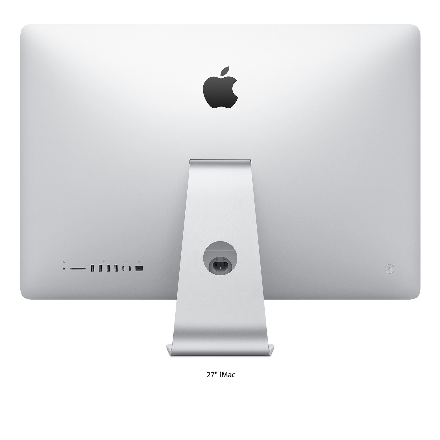 Rückseite eines 27" iMac, silber mit schwarzem Apple-Logo, Anschlüsse unten.