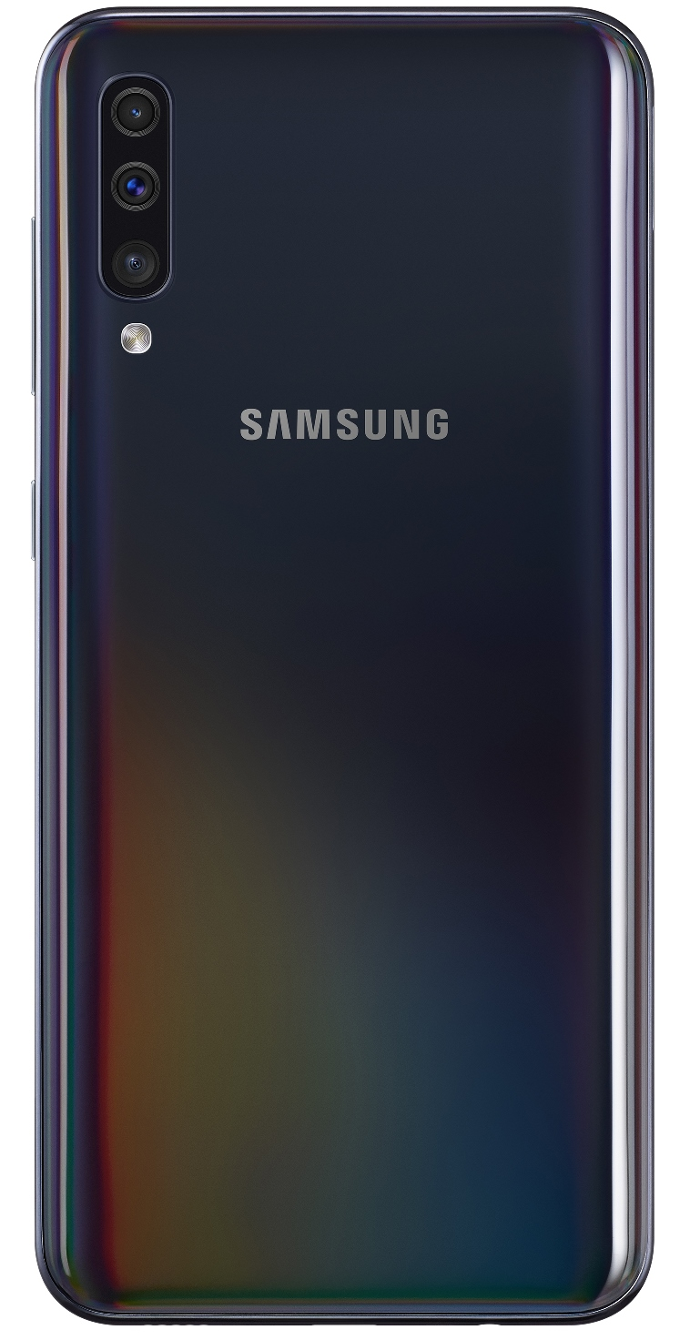 Vista trasera de un teléfono Samsung negro y multicolor.