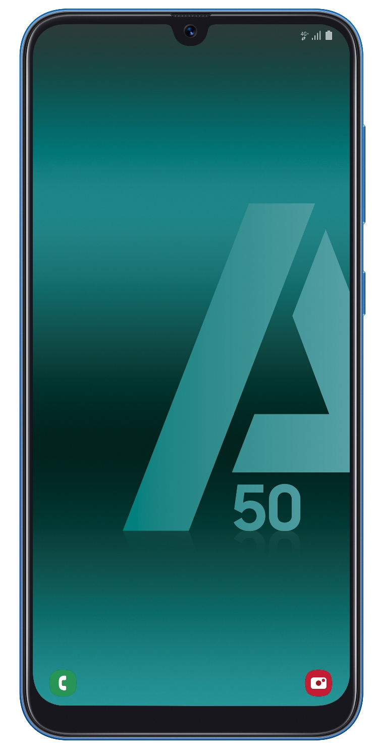 Teléfono Samsung azul con fondo verde azulado y un gran logotipo 'A50' en la pantalla. Marco azul.