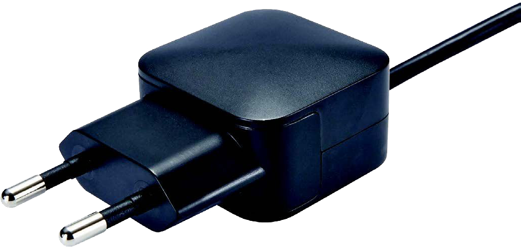 Schwarzes Netzteil mit zwei Stiften.