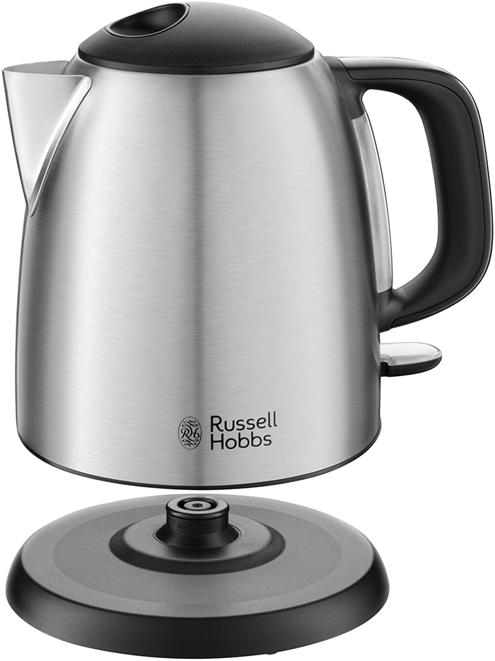 Rozsdamentes acél vízforraló fekete fedővel és alappal, Russell Hobbs márka.