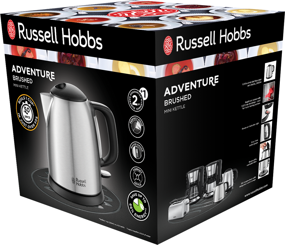 Doboz Russell Hobbs vízforraló képével, mini vízforraló szöveggel és egyéb termék részletekkel.