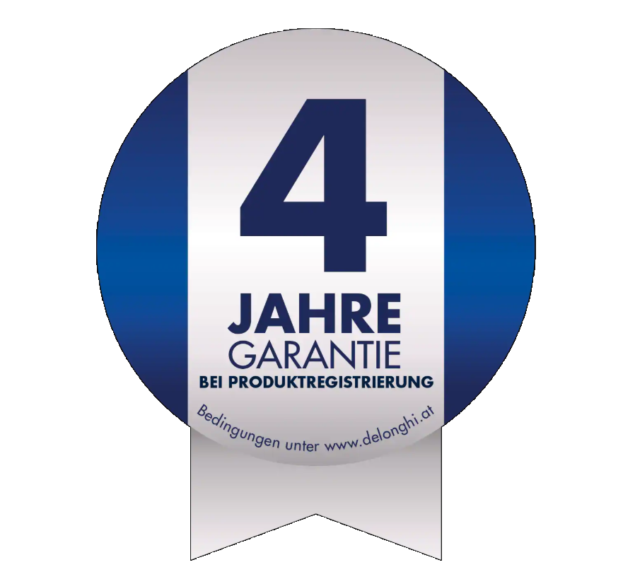 Ein Abzeichen mit dem Text '4 JAHRE GARANTIE' und dem De'Longhi-Logo.