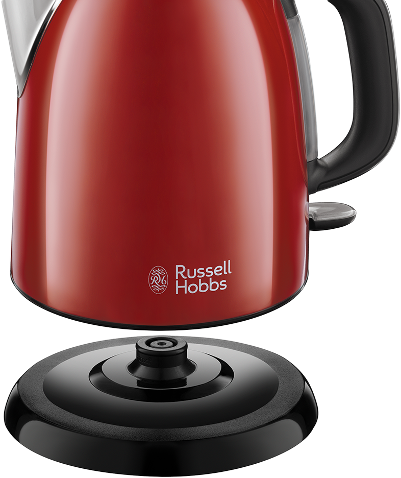 Piros vízforraló fekete alappal és fogantyúval, Russell Hobbs logóval.