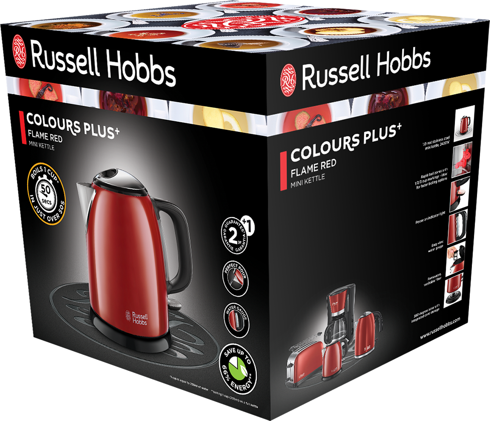 Egy piros Russell Hobbs vízforraló, és a terméket bemutató csomagolás.