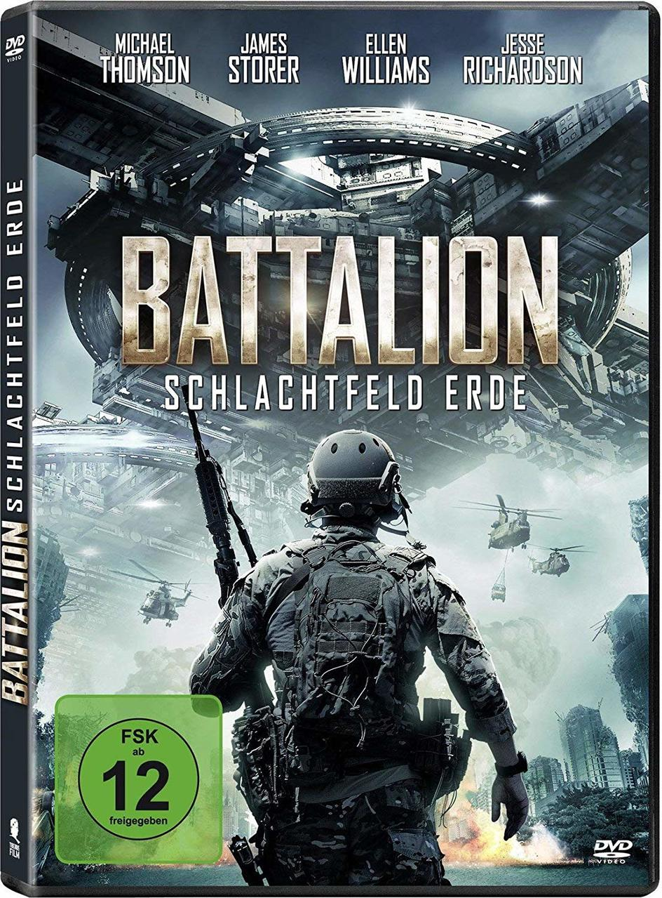 DVD-Cover von 'Battalion: Schlachtfeld Erde'. Ein Soldat mit Waffe im Vordergrund.