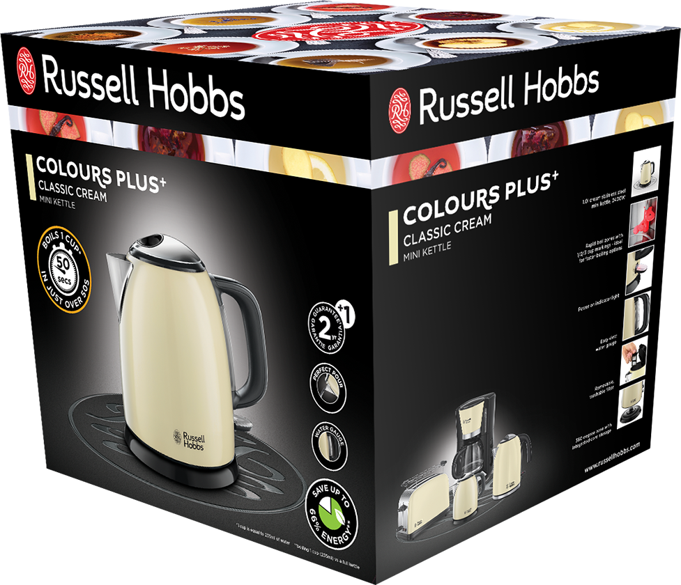 Russell Hobbs vízforraló dobozban, egyéb készülékekkel.