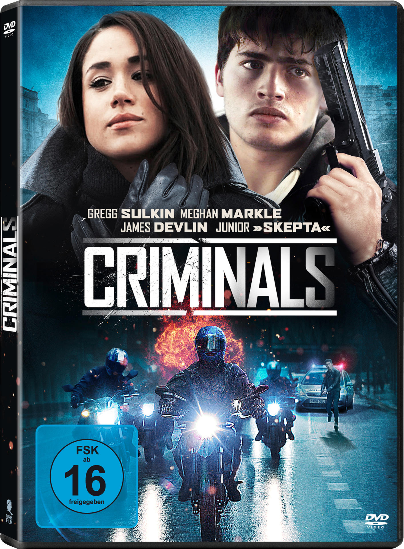 DVD-Cover von "Criminals". Zwei Personen sind im Vordergrund. Motorradfahrer sind im Hintergrund.