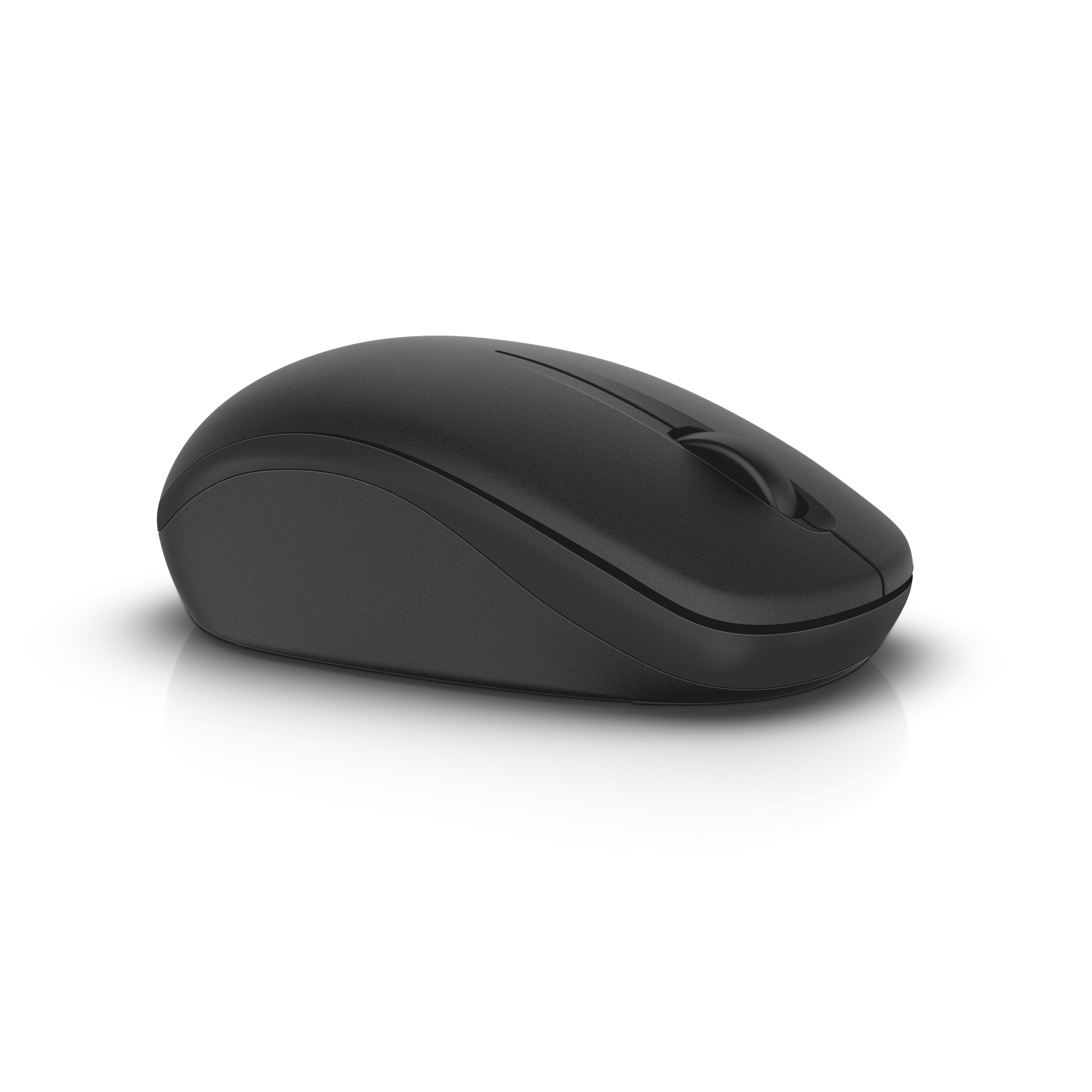 Eine schwarze, kabellose Computermaus auf weißem Hintergrund. Die Maus hat ein Scrollrad und zwei Tasten.