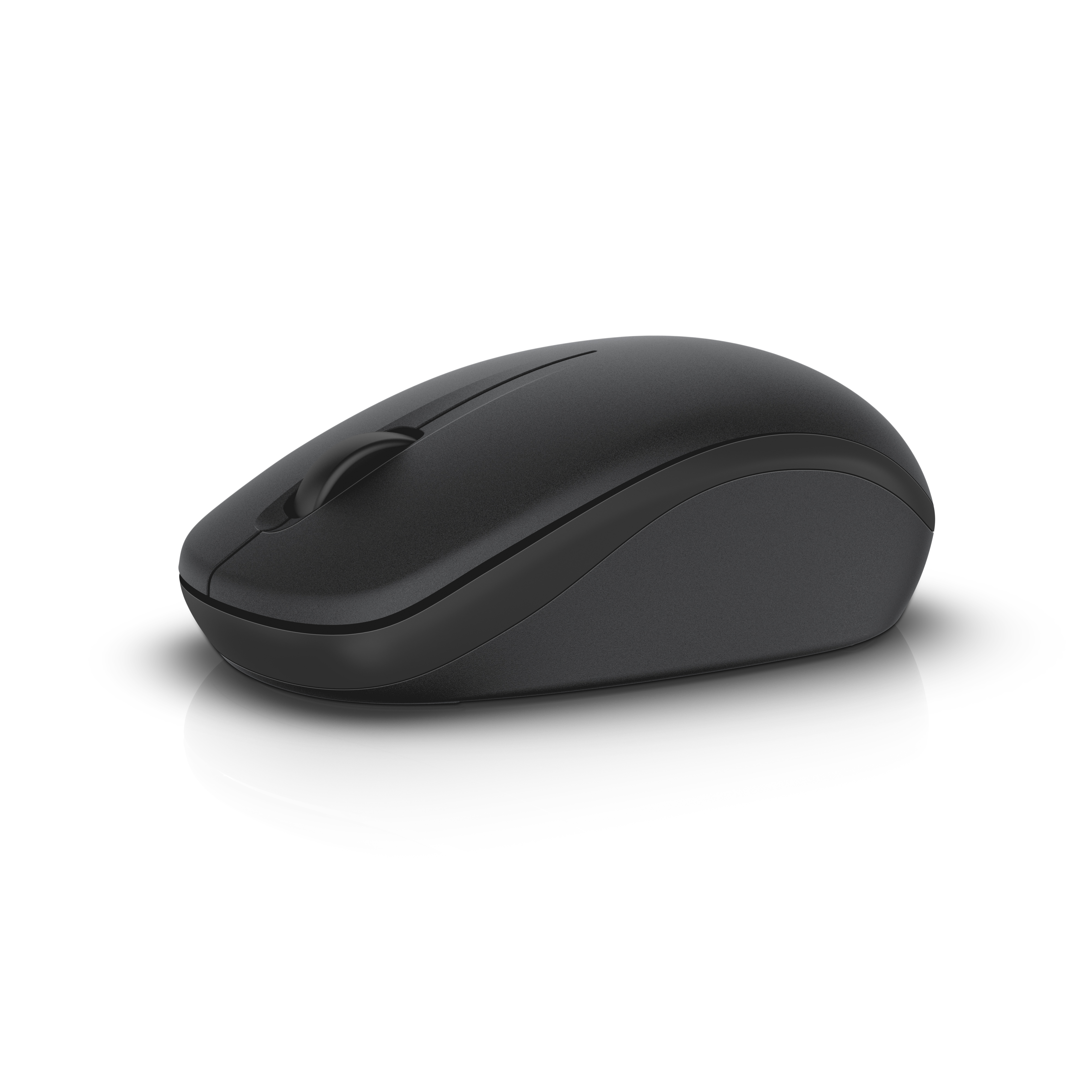 Eine schwarze Computermaus auf weißem Hintergrund. Es ist eine kabellose Maus und hat eine ergonomische Form.