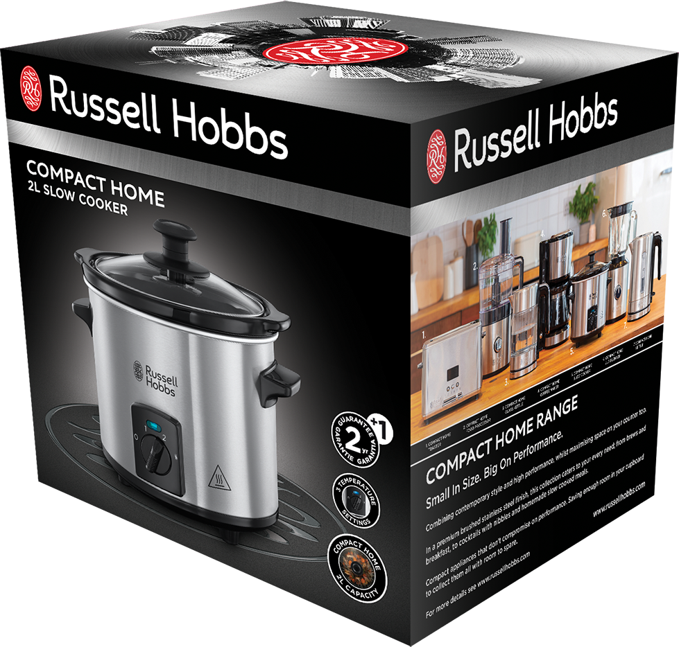 Russell Hobbs Compact Home lassú főzőedény dobozban, más készülékek képeivel.
