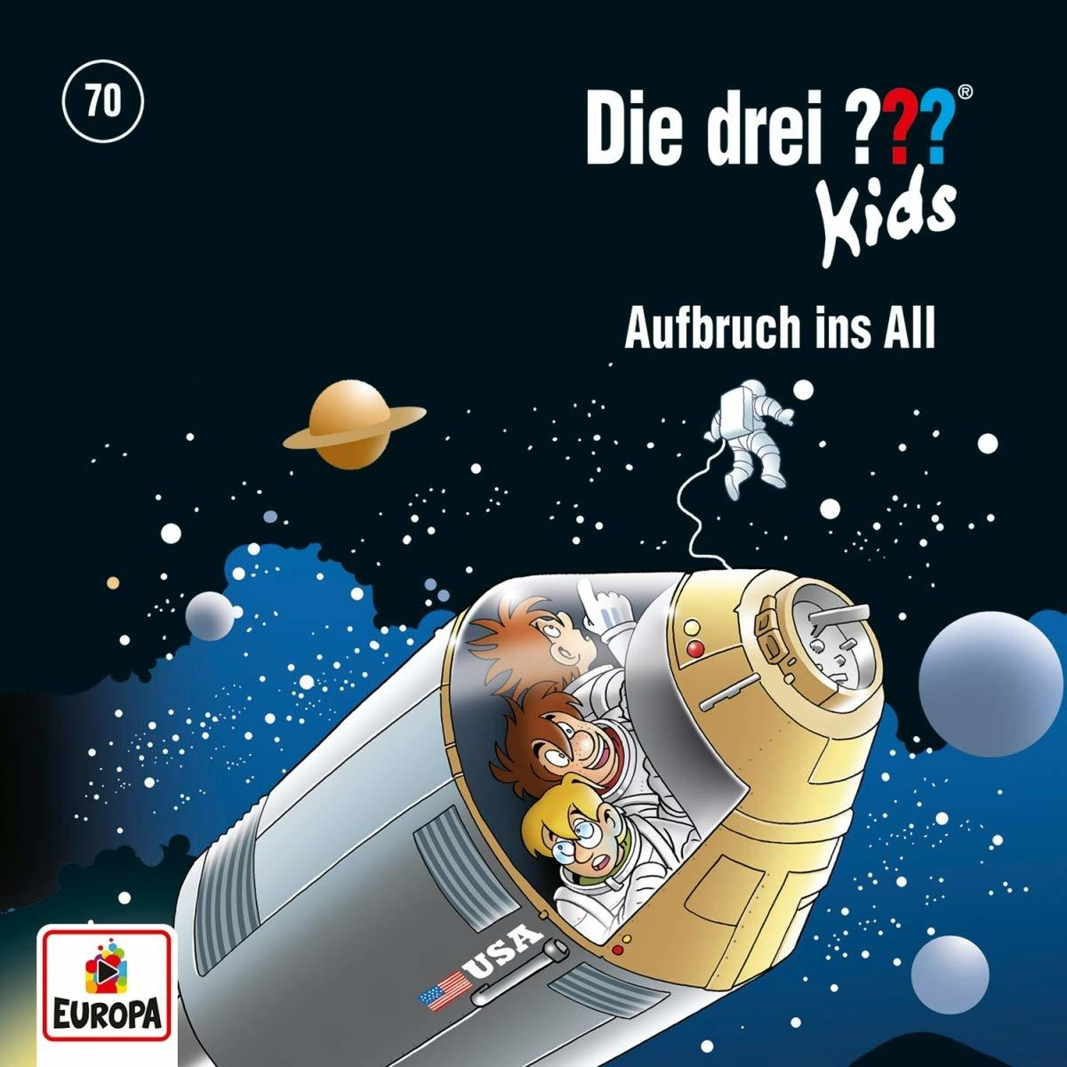 Cartoon-Weltraumszene. Ein Raumschiff mit drei Kindern darin, Weltraum und Planeten sichtbar.