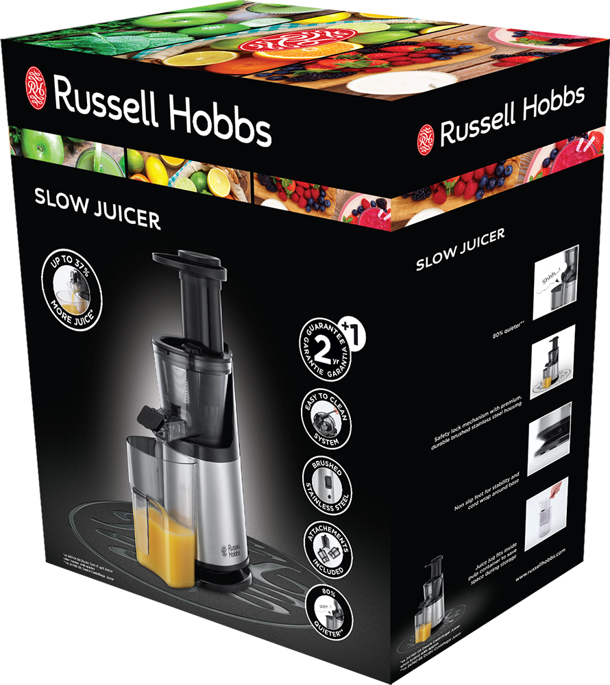 Egy Russell Hobbs lassú gyümölcscentrifuga doboza, képekkel és szöveggel.