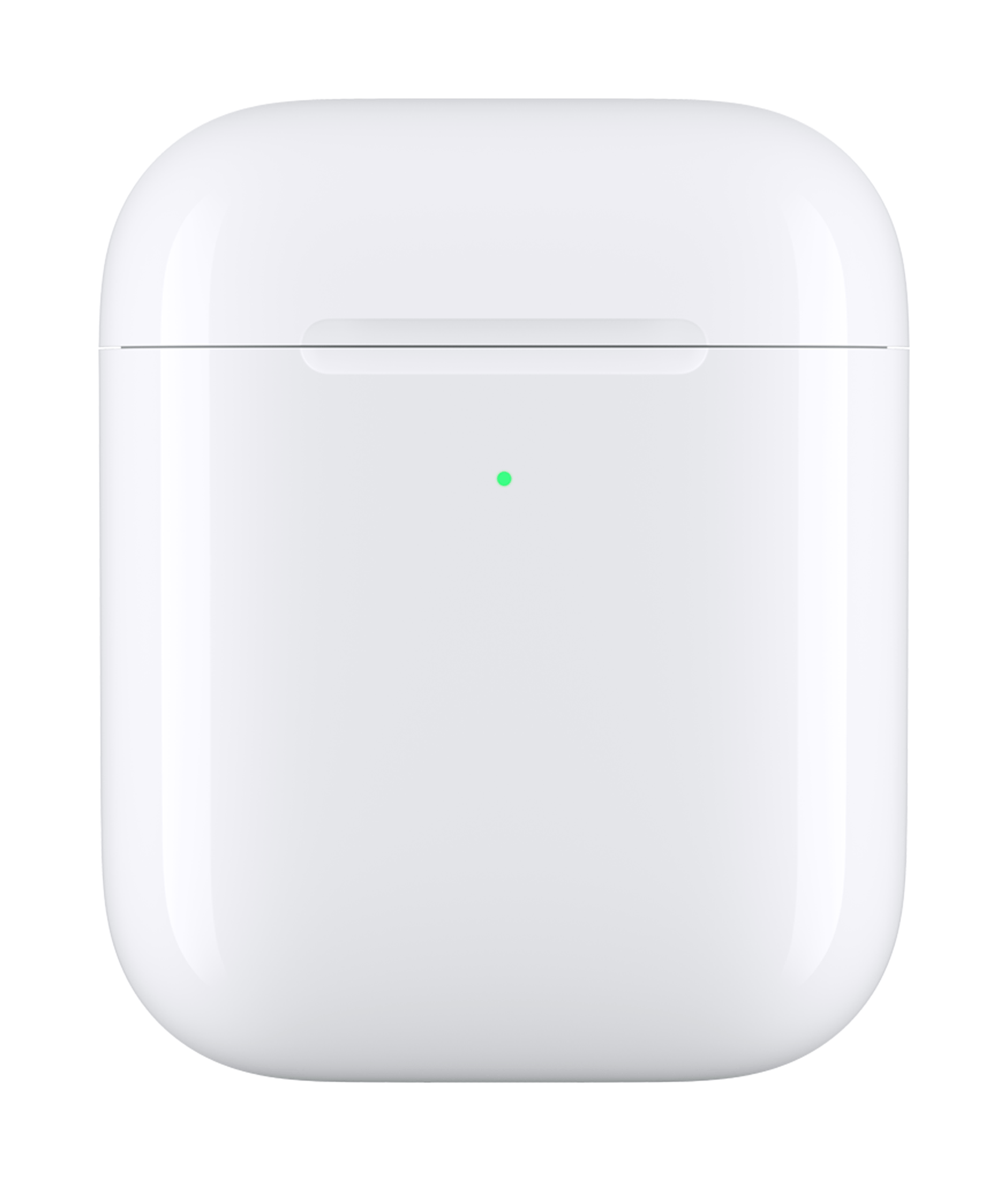 Witte AirPods-case met een groen lampje. De case is gesloten.