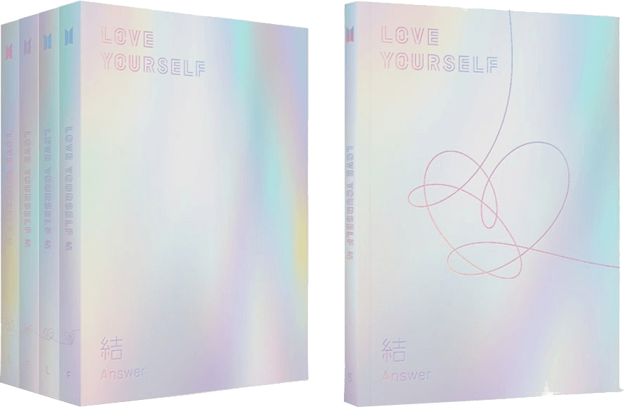 Couvertures d'album BTS. Plusieurs copies avec le texte 'LOVE YOURSELF' et 'Answer'.