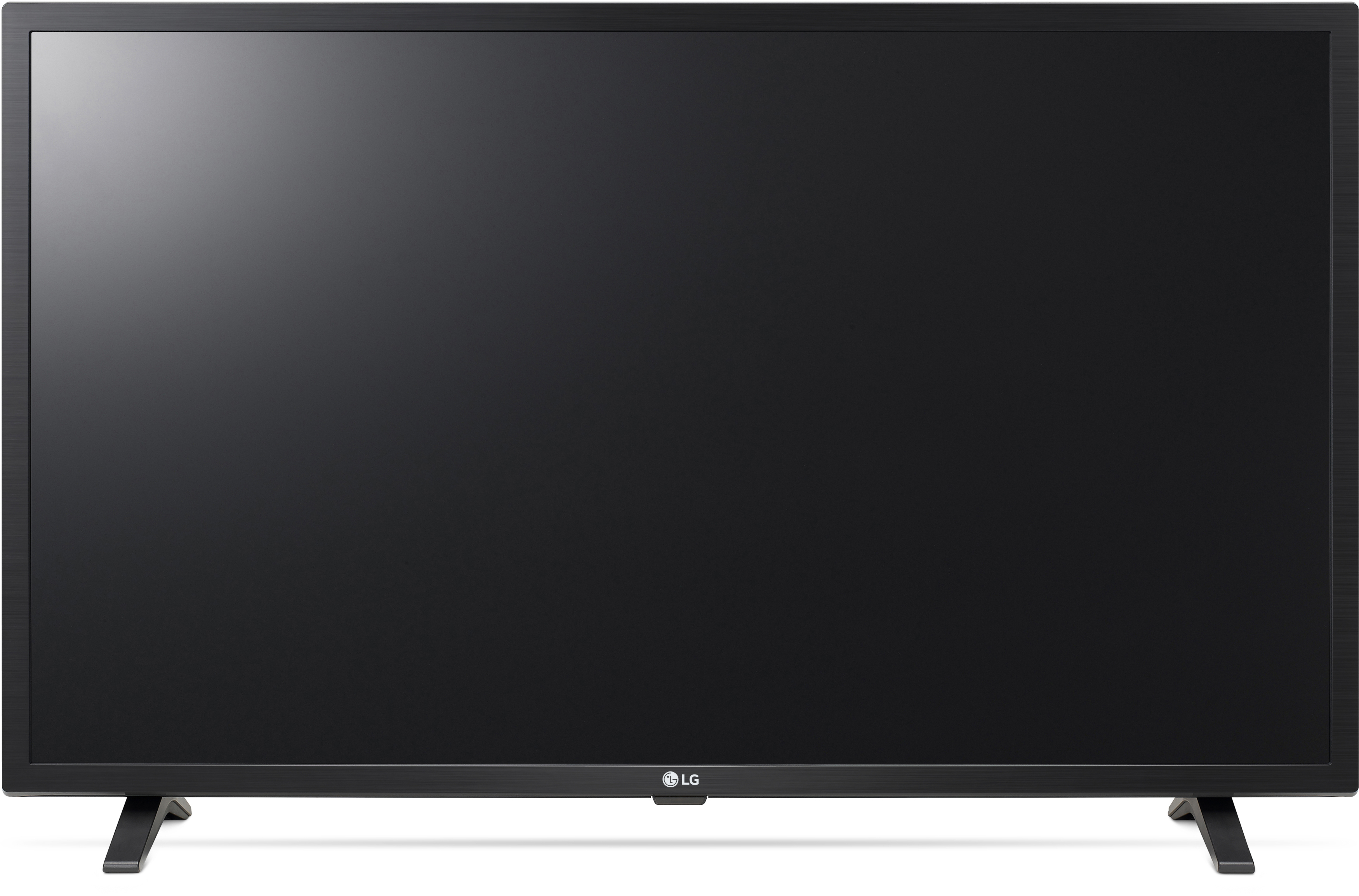 Ein schwarzer LG-Fernseher mit schwarzem Rahmen auf weißem Hintergrund.