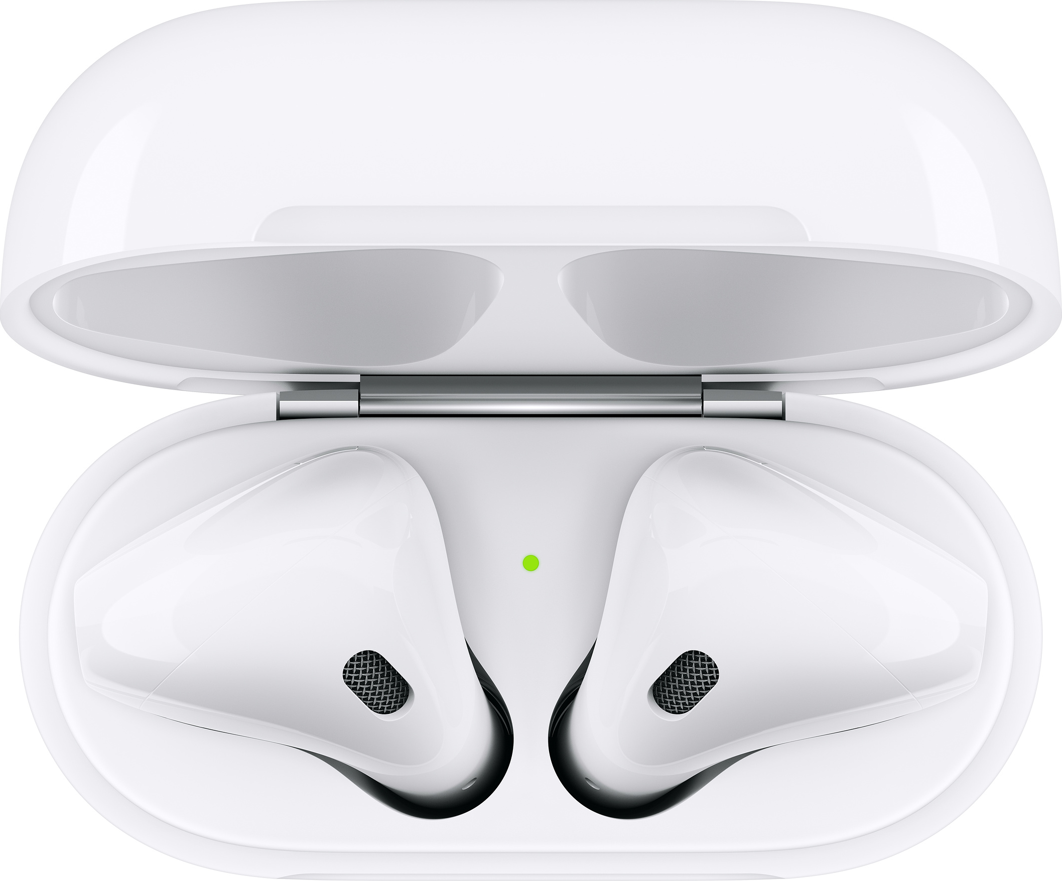 Étui AirPods blanc ouvert, montrant deux écouteurs blancs à l'intérieur.