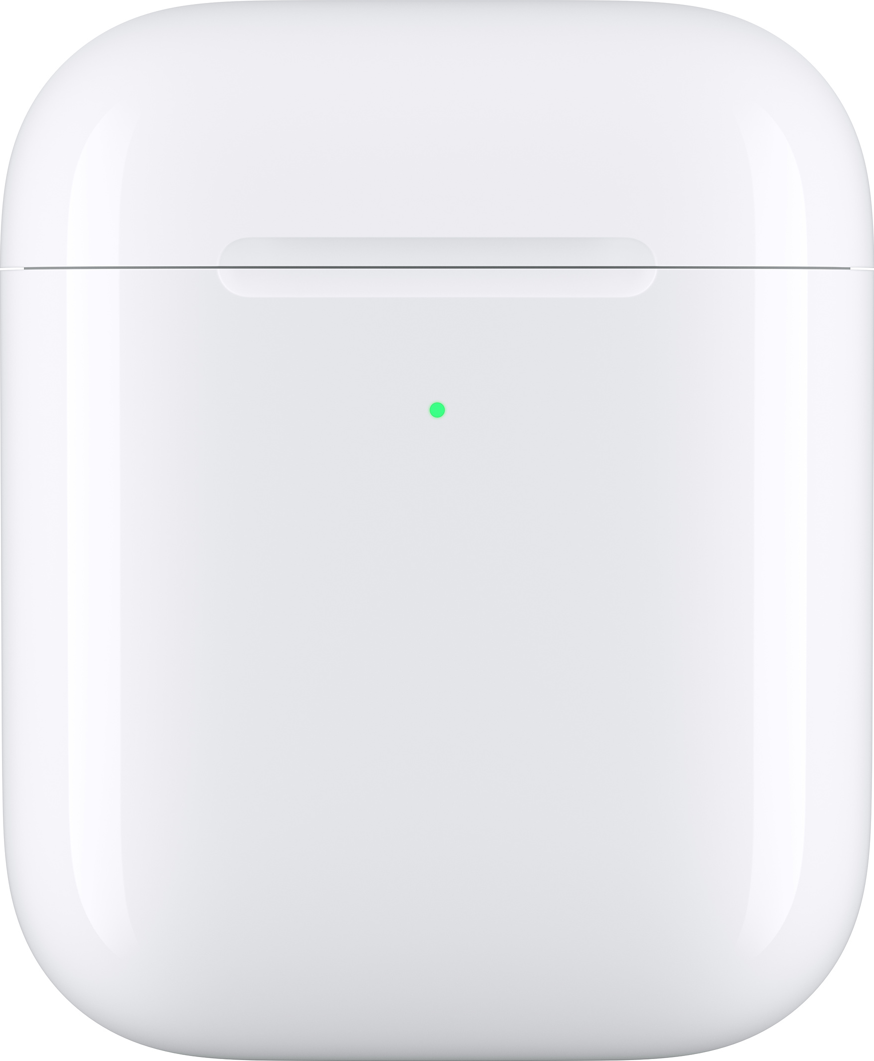 Un étui de chargement blanc Apple AirPods avec une lumière verte visible. Il est fermé.
