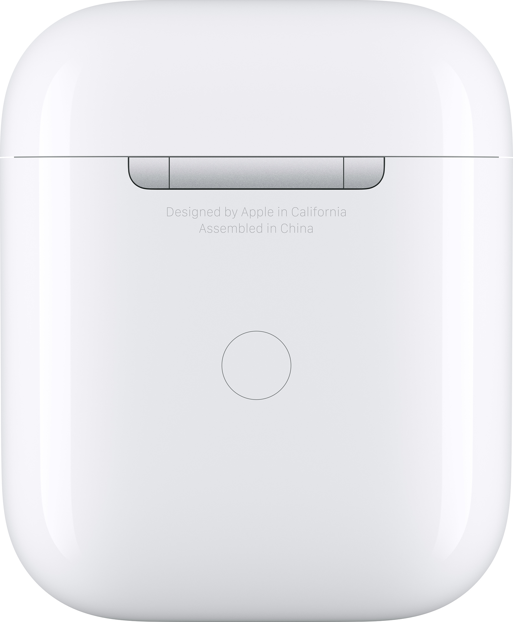 Boîtier de chargement blanc AirPods avec du texte.