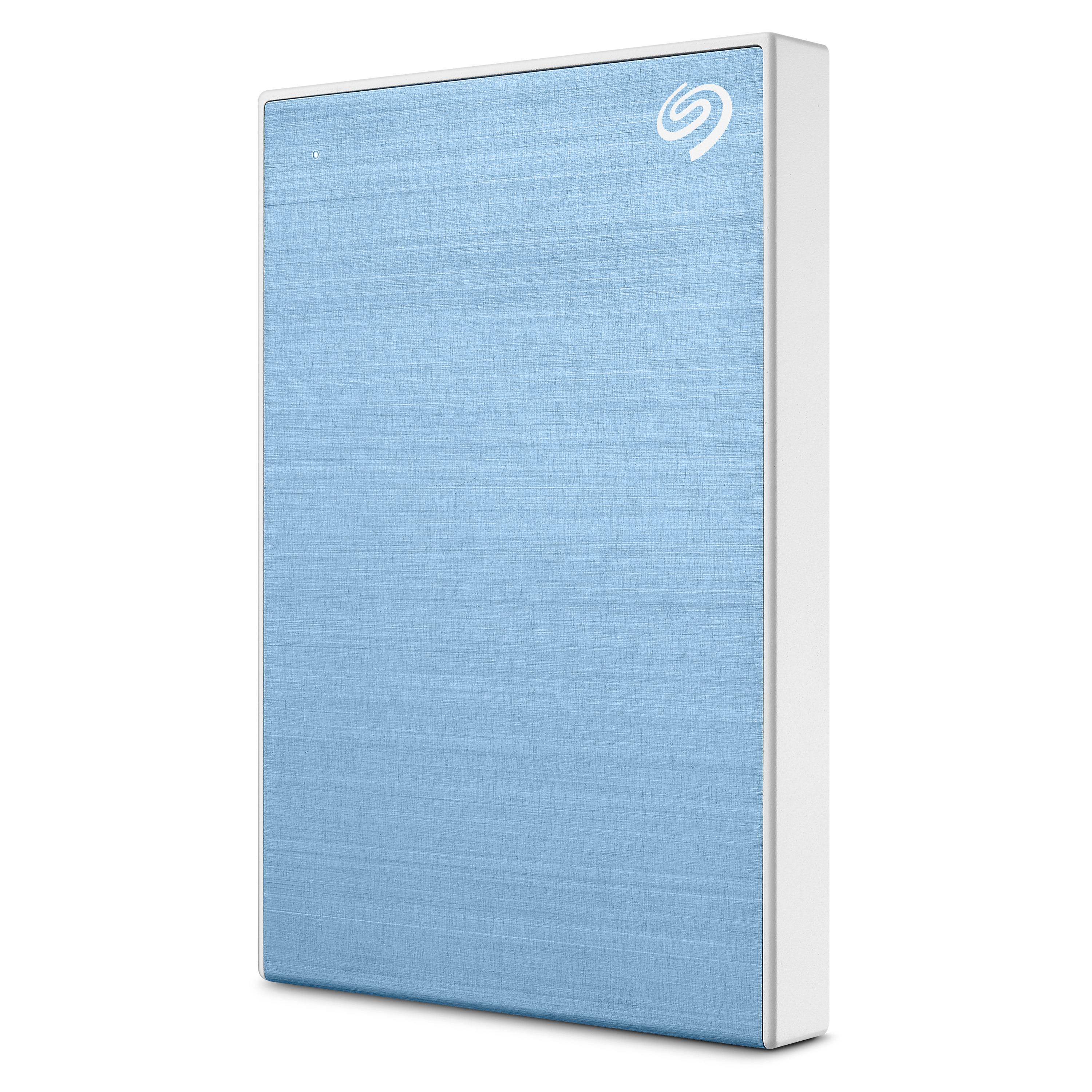 Eine hellblaue externe Festplatte von Seagate mit weißem Rand.