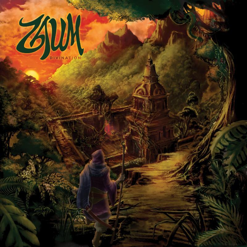 Albumcover mit surrealer Grafik: eine Figur im Gewand mit Stab geht auf einen Tempel in einem Wald zu.