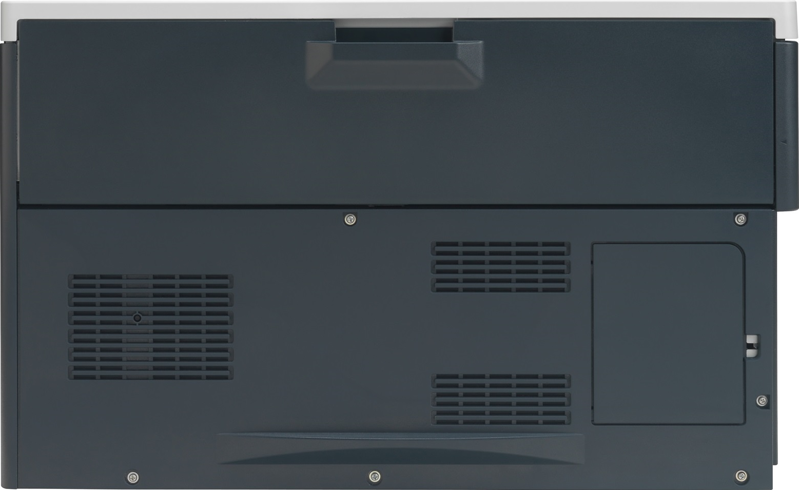 Retro di una stampante scura. Ha prese d'aria, viti e uno sportello.