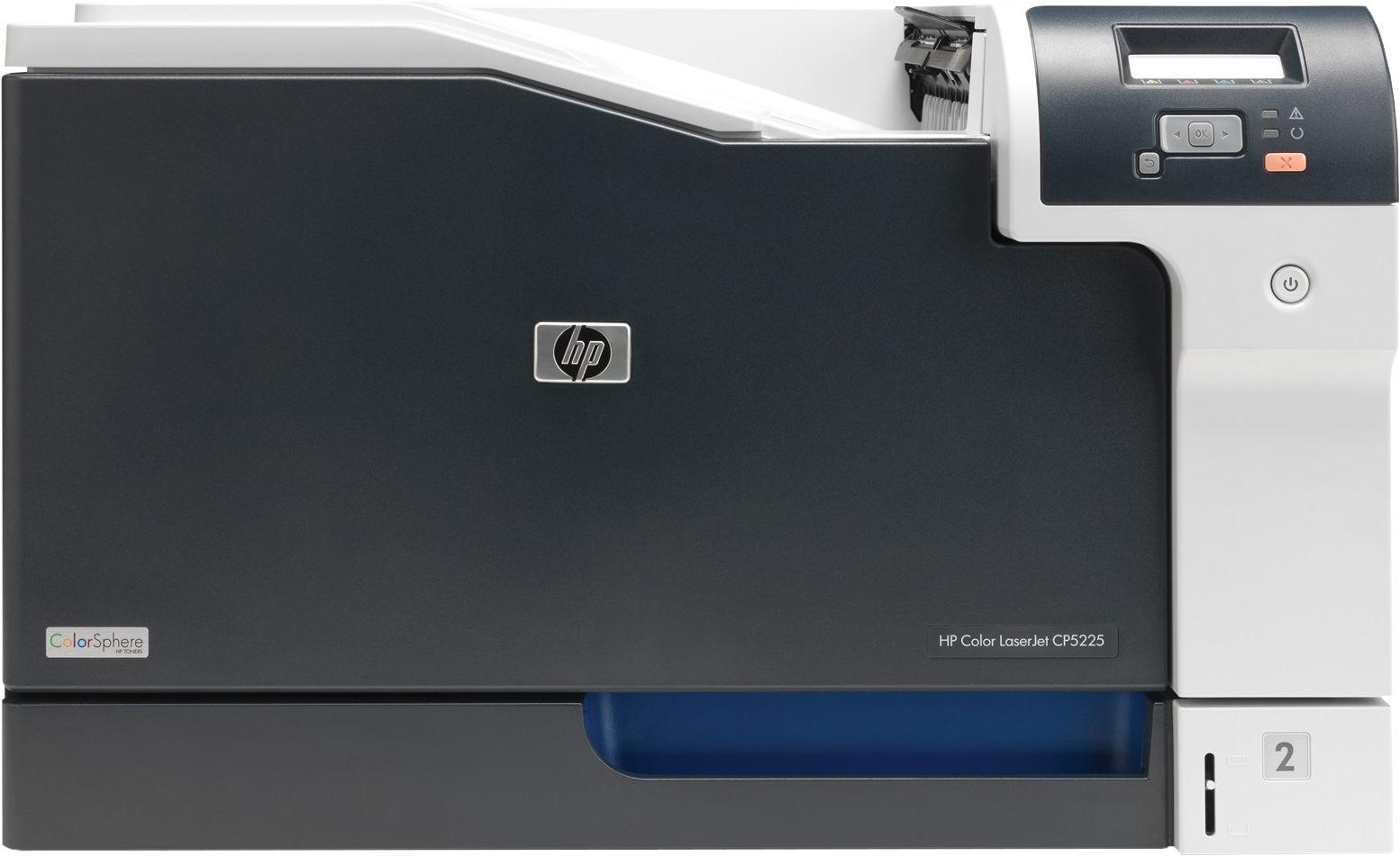 Stampante HP Color LaserJet CP5225, grigio scuro e bianco, con pannello di controllo a destra.